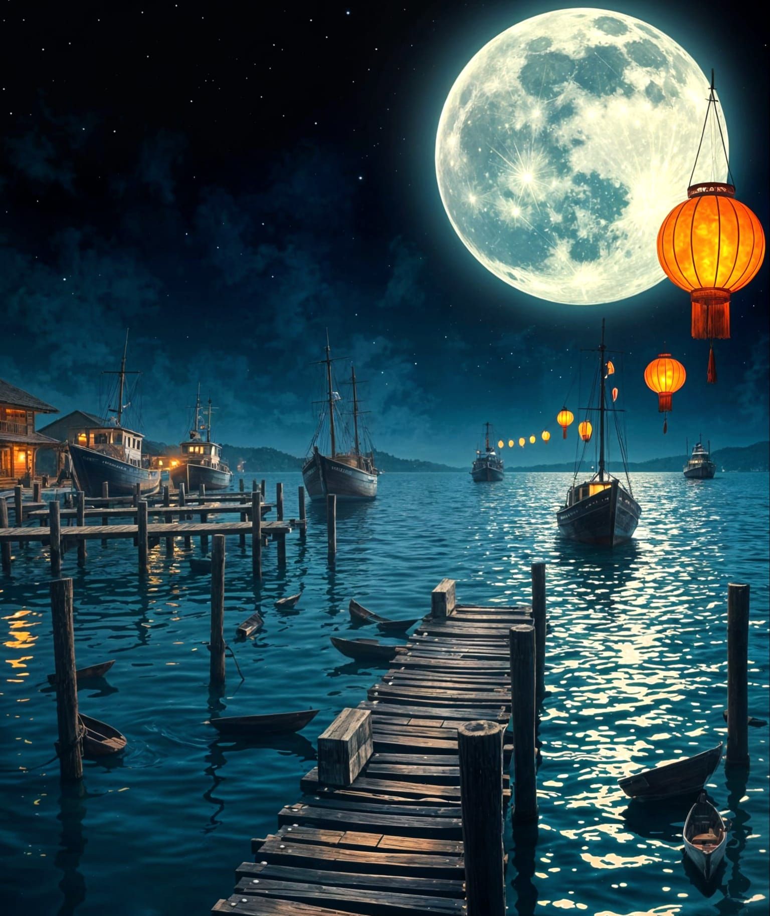 Surreal Moonlit Harbor with Shattered Water and Floating Boa...