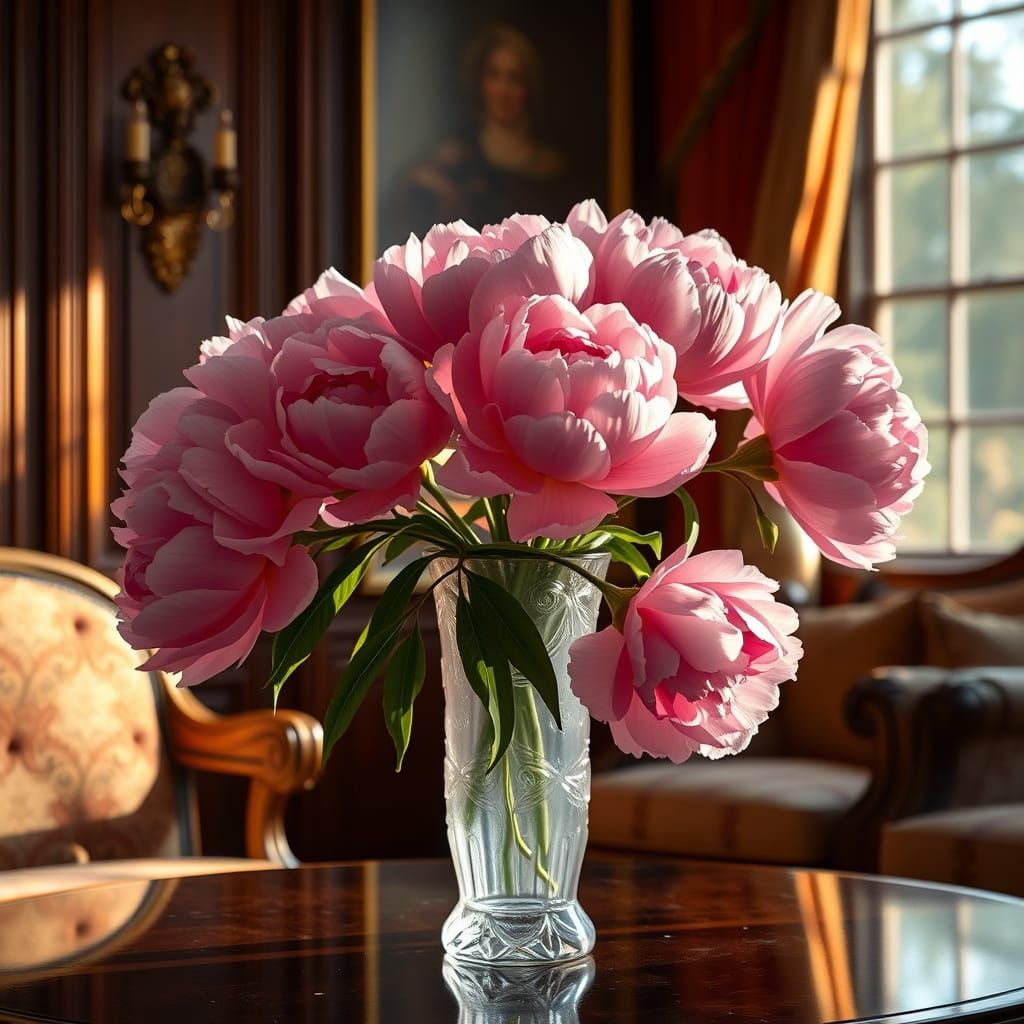 Elegant Clear Glass Vase Filled with Pink Peonies in a Class...