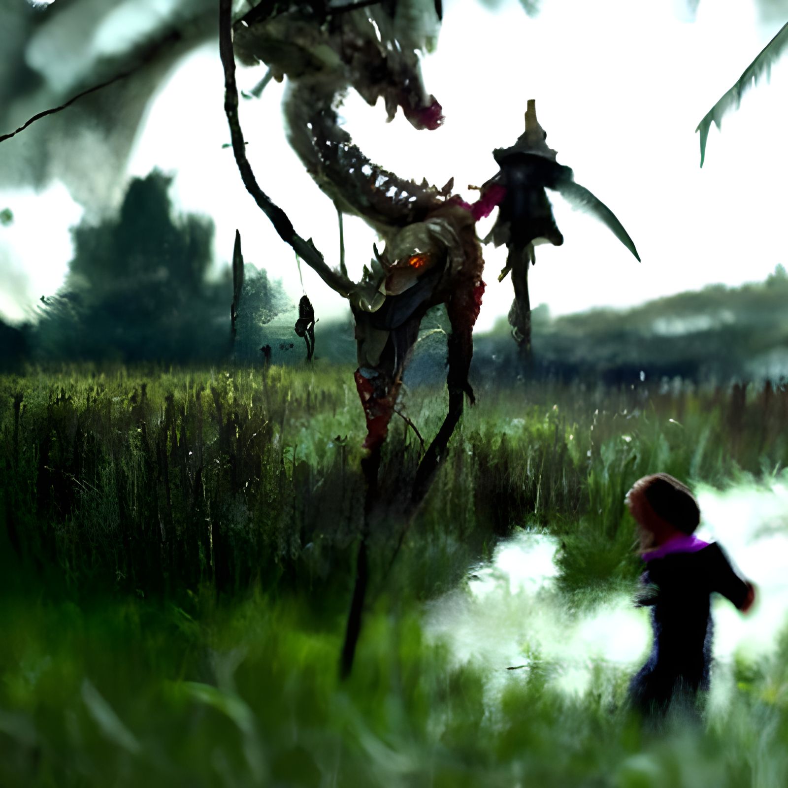 Detailed Dragon Watching Girl in Meadow