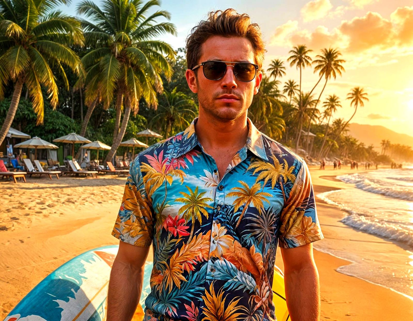 1950s Beach Scene with Man and Surfboard