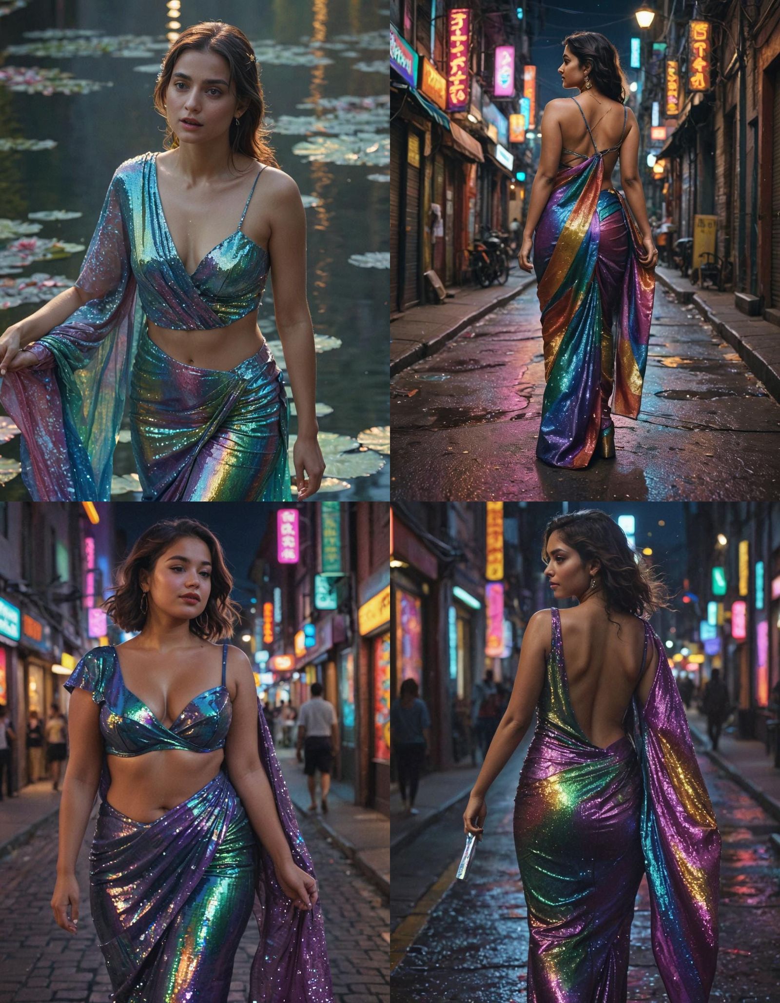 Curvy Woman in Rainbow Saree Walks City at Night