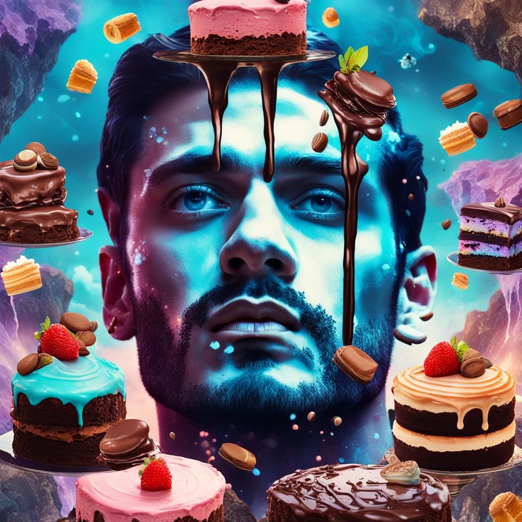 Surreal Double Exposure: Man, Cakes, and Chocolate