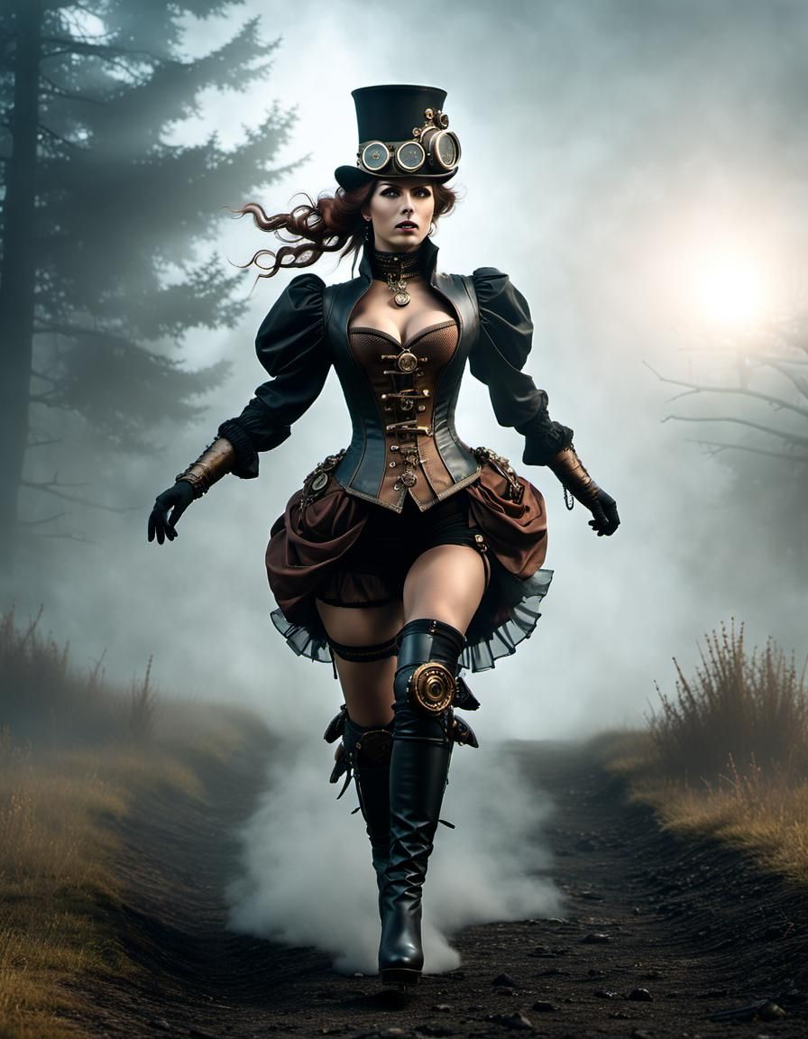 Steampunk Woman Emerges from Fog: CGI VFX Art
