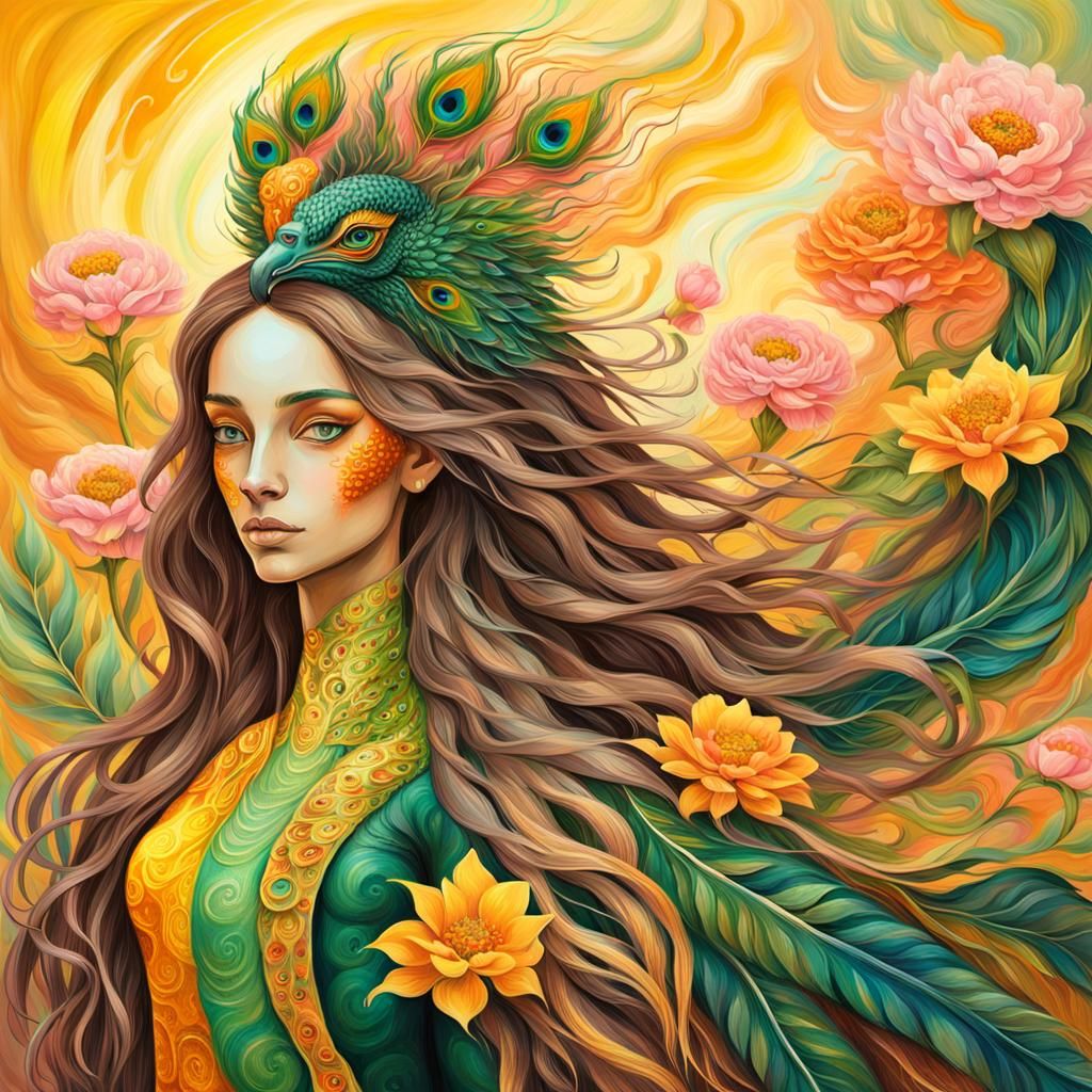 Dragon Peacock Woman in Abstract Expressionism Style