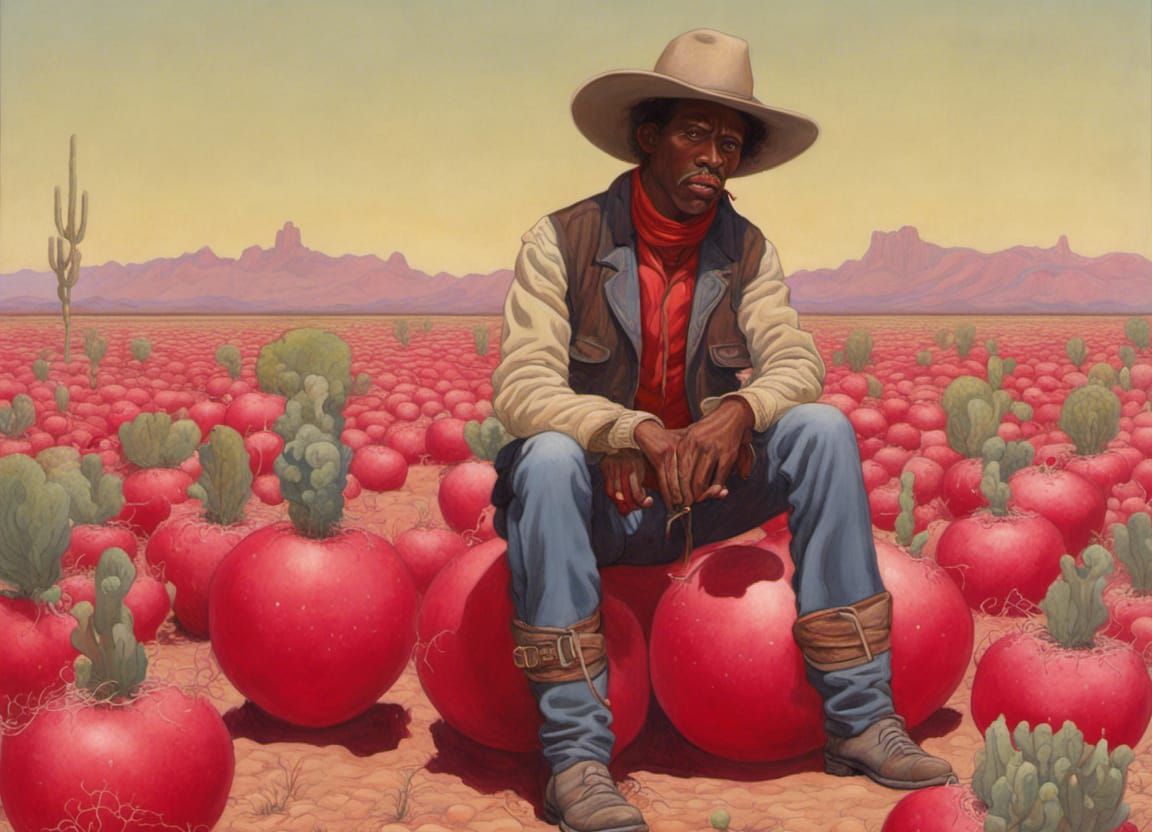 Cowboy sitting on giant radish in the desert