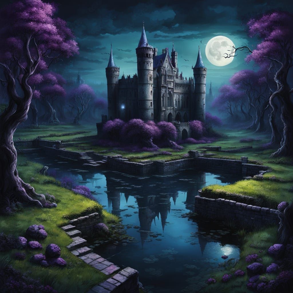 Eerie Gothic Castle Garden in Oil Painting Style