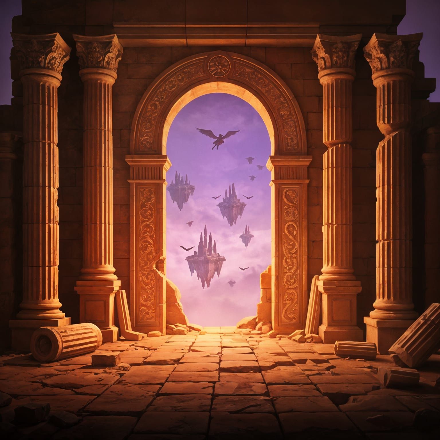 Fantasy Temple Ruins with Portal to Floating Islands