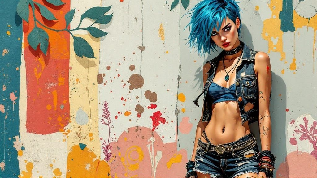 Cut-Paper Collage of a Rebellious Blue-Haired Young Woman