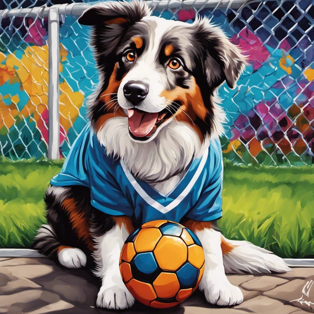 Australian Shepherd Dog Soccer Goalie in Graffiti Art