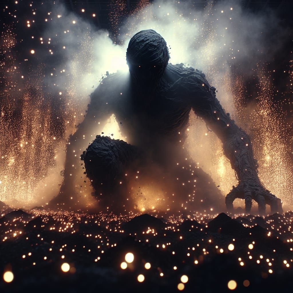 Dramatic Figure Rises from Ashes in Photorealistic 8K