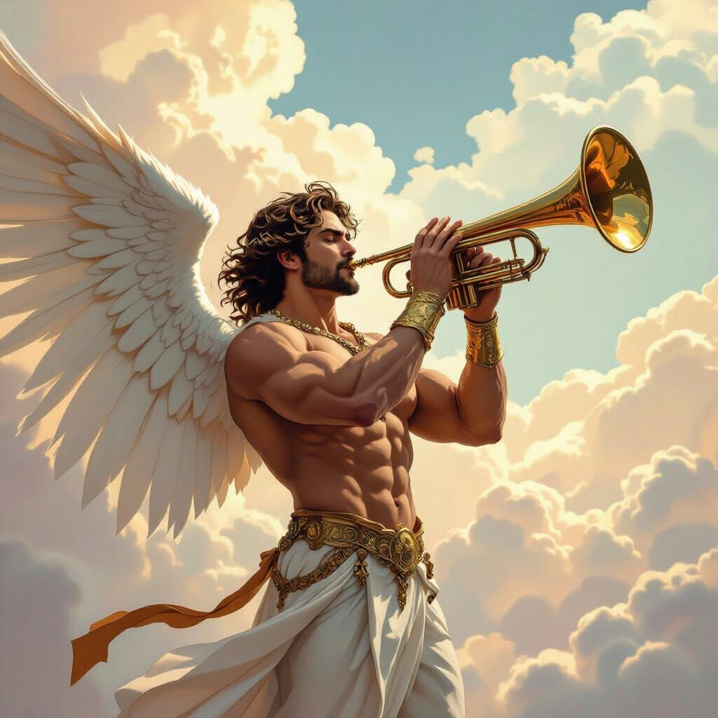 Manly Angel with Ornate Trumpet in Fantasy Art Style