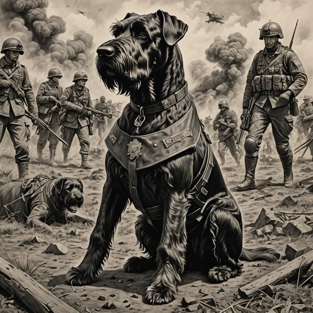 Giant Schnauzer in Military Outfit: Charcoal Drawing