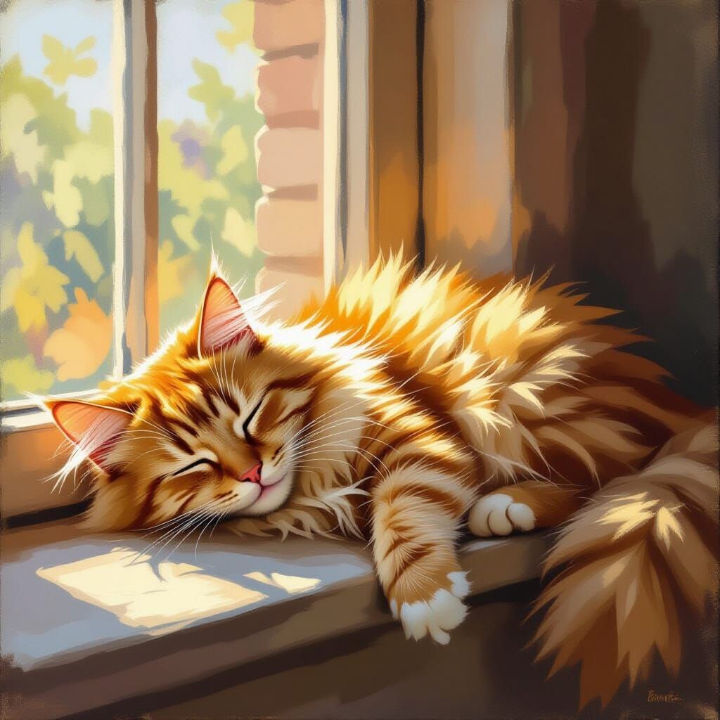 Fluffy Ginger Cat Sleeping Peacefully on Sunlit Windowsill