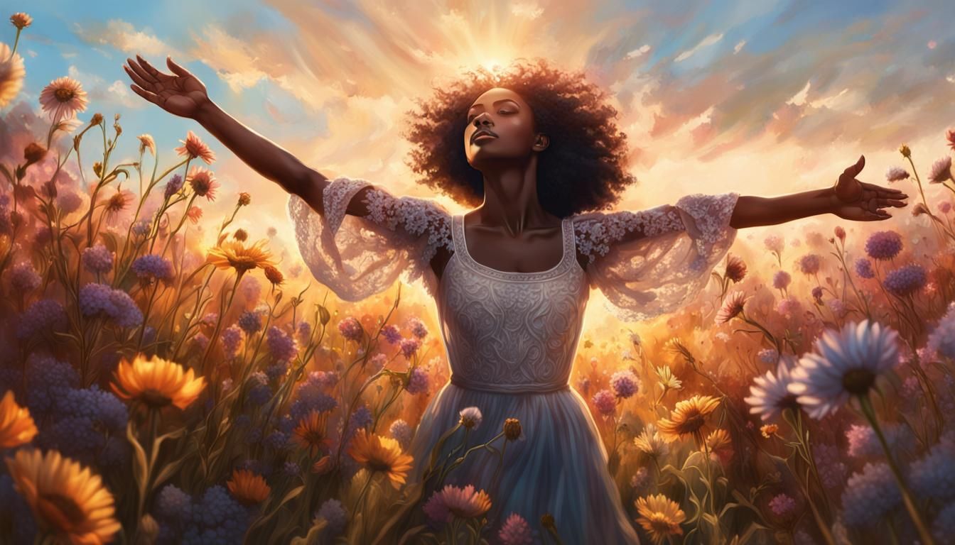 Joyous Woman in Flower Field: Dark Fantasy Art