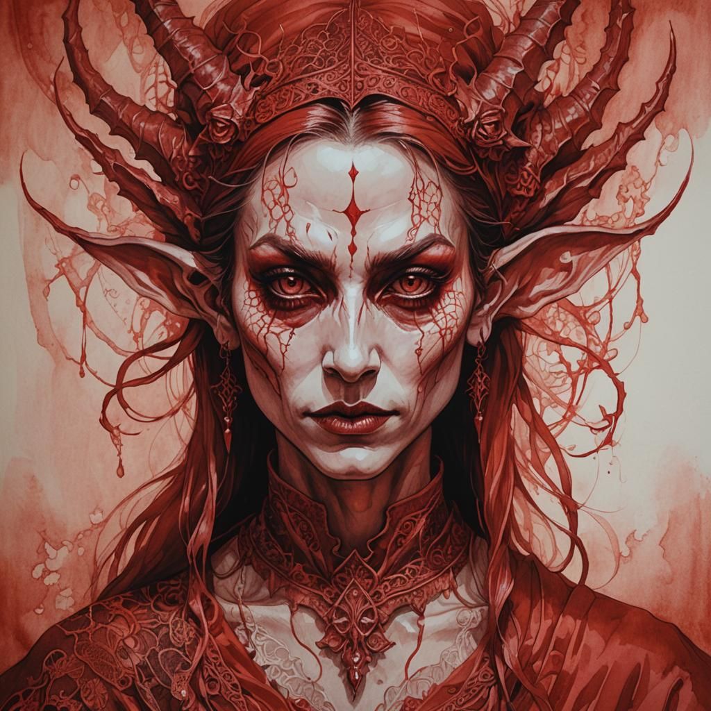 Demonic Elf Portrait in Red Ink