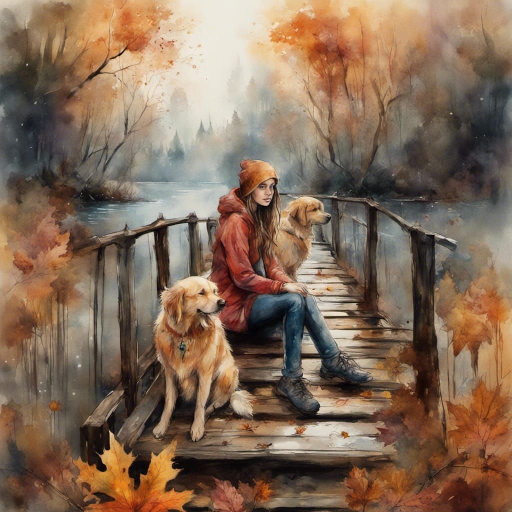 Autumnal River Scene with Girl and Dog, Watercolor Style