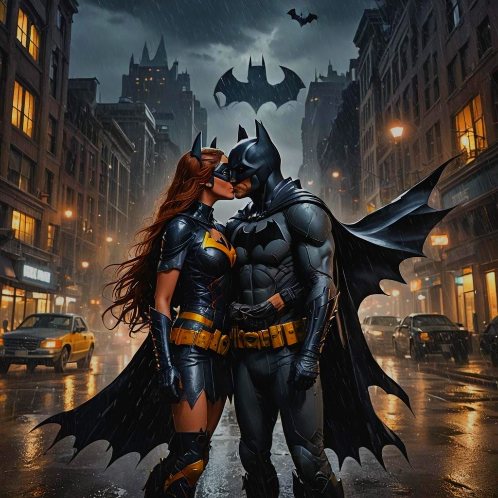 Batman and Batgirl Kiss in Gotham: Detailed Painting