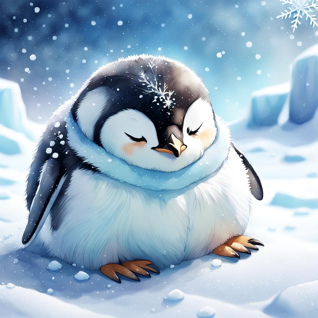 Adorable Baby Penguin As Digital Watercolor Anime