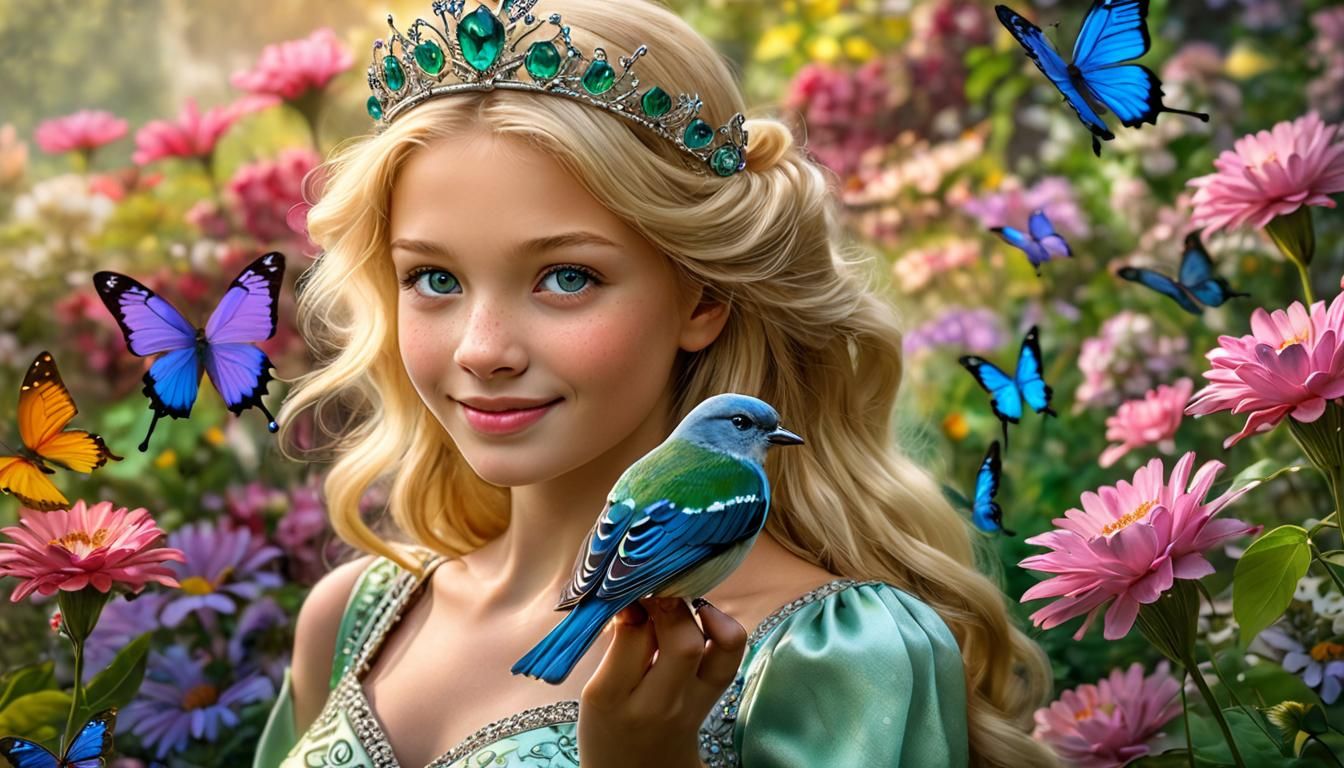 smiling princess, with an blue bird