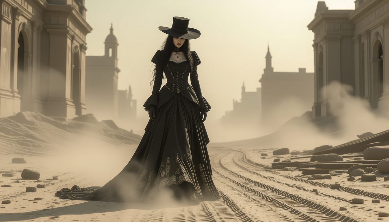 Gothic Figure in Desolate Landscape, Victorian Style