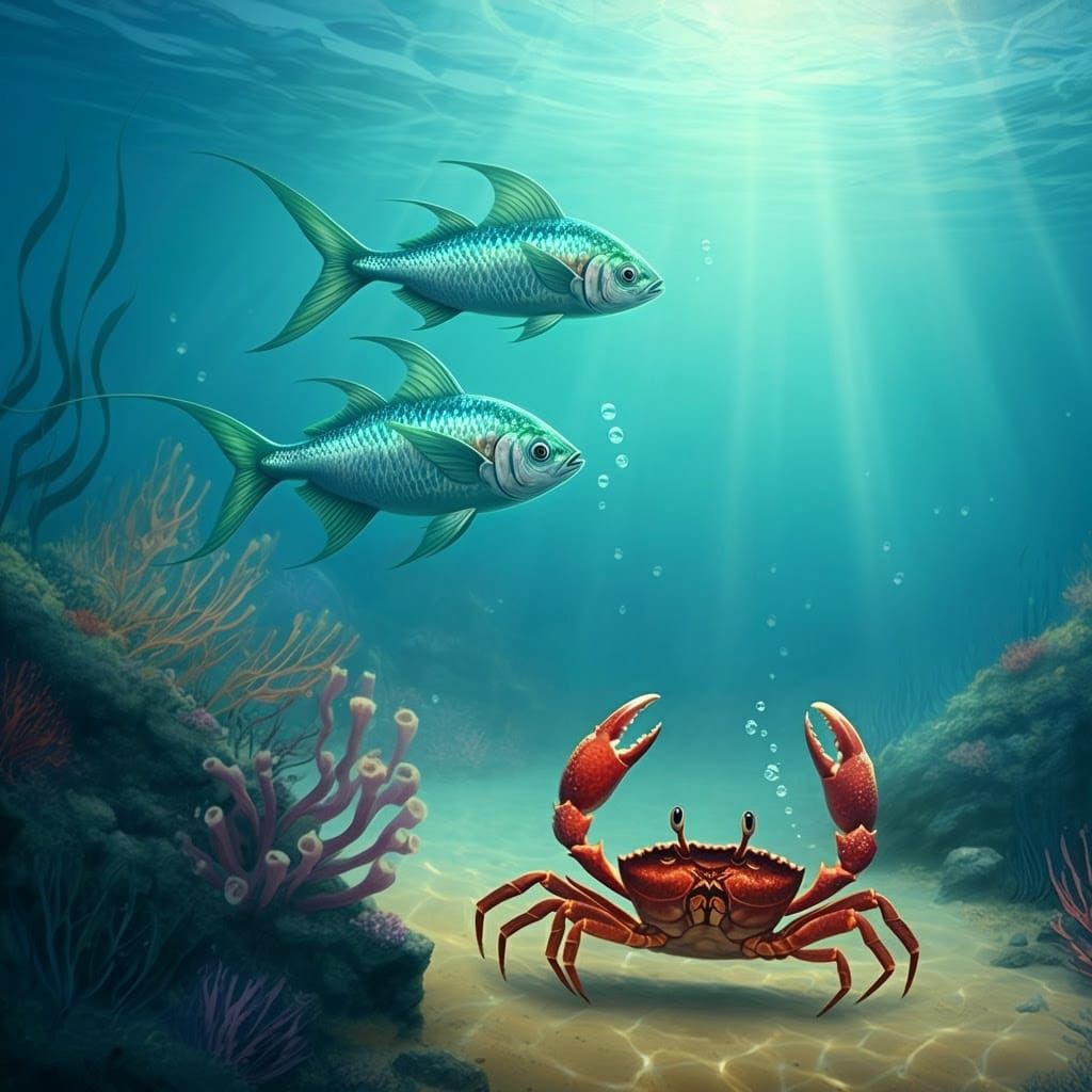 Vibrant Fish Outrun Determined Crab in Sunlit Coral Reef