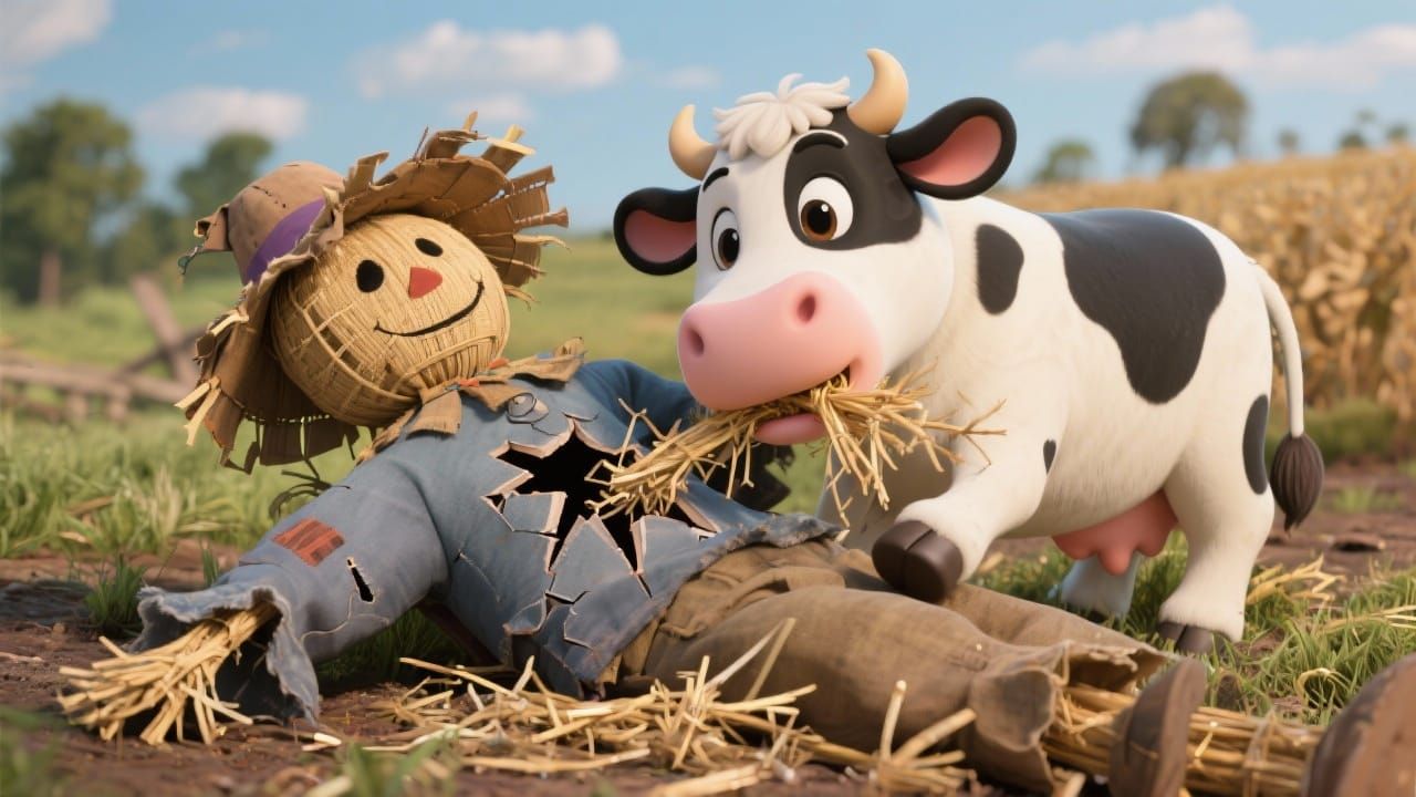 Adorable Cartoon Cow Eats Scarecrow Straw