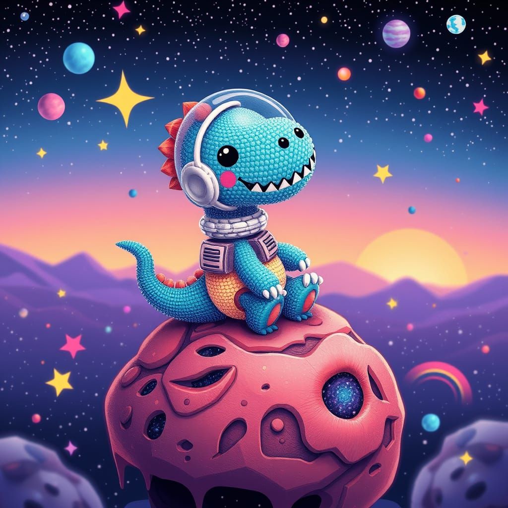Beaded Kawaii Dinosaur in Space, Digital Art