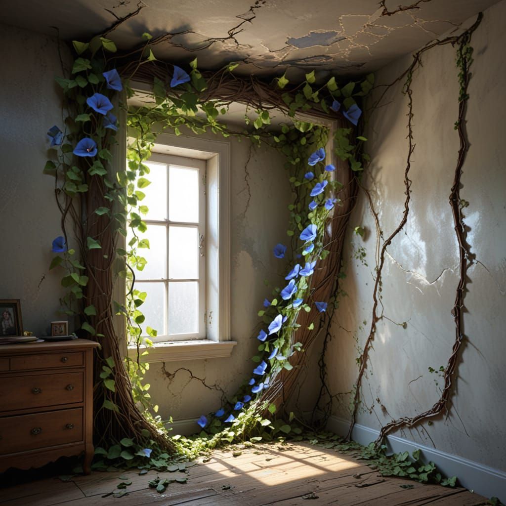 Surreal Morning Glory Vines in Girl's Bedroom