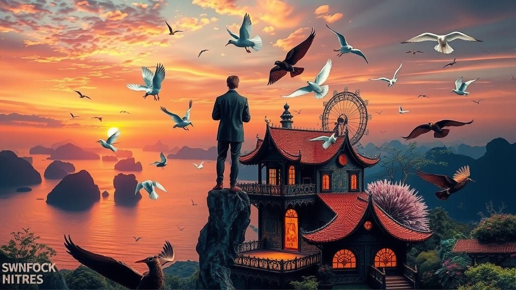 Surreal Ha Long Bay Landscape with Chockablock House in Cybe...