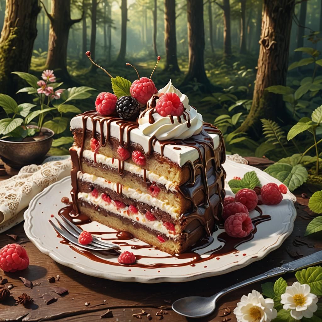 Delicious Raspberry Layered Cake with Mouse in Forest