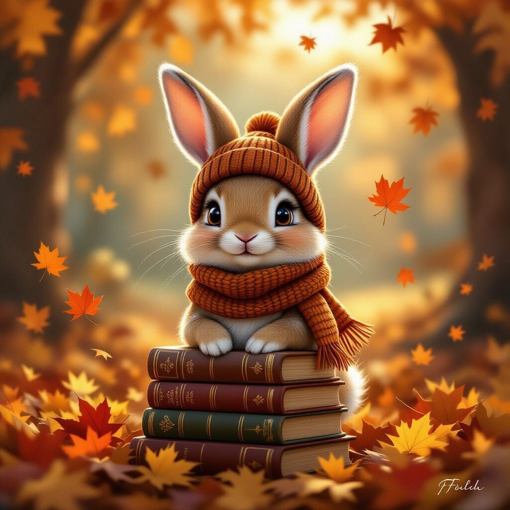 Cozy Autumn Rabbit Reading Books in Enchanting Light
