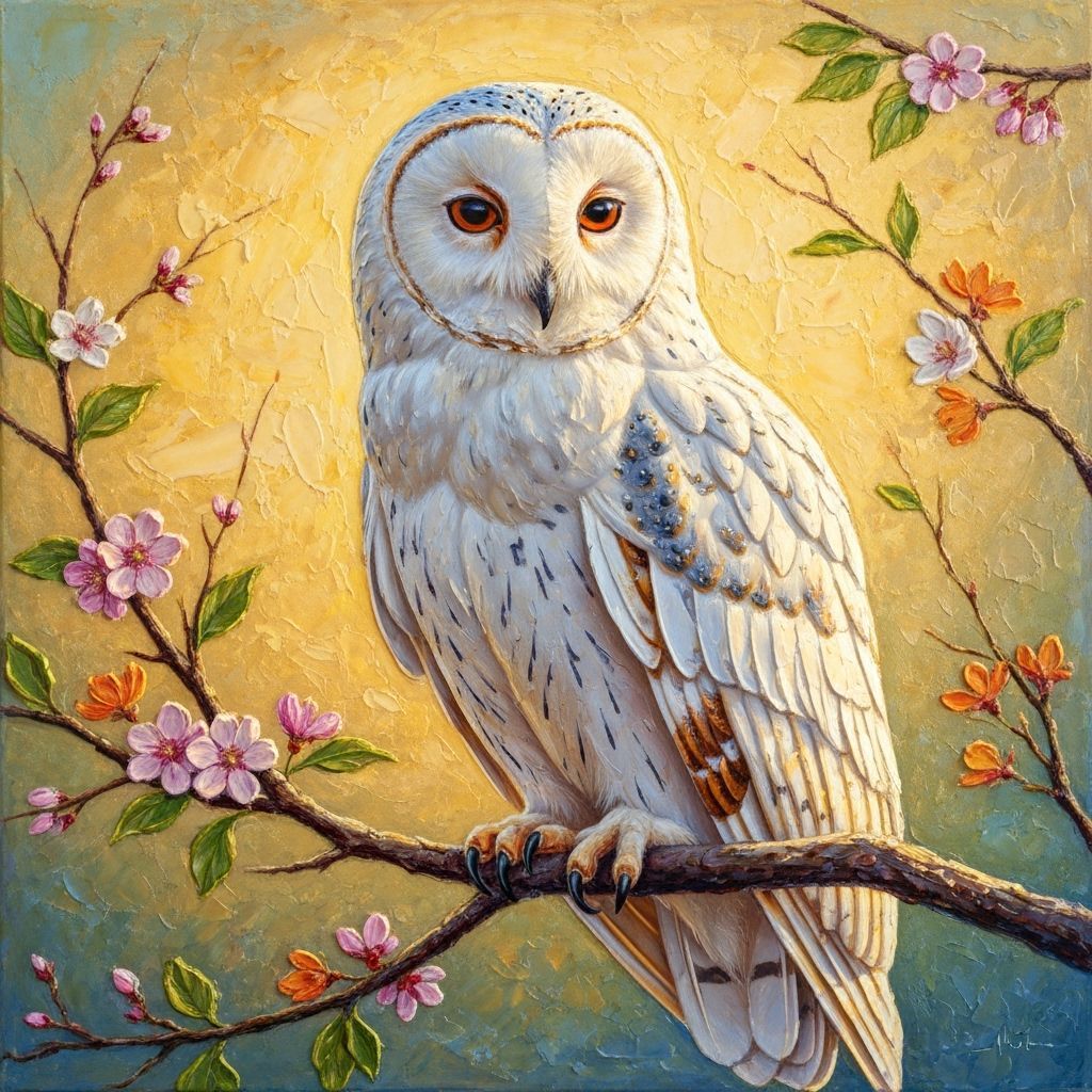 White owl sitting on a flowering branch