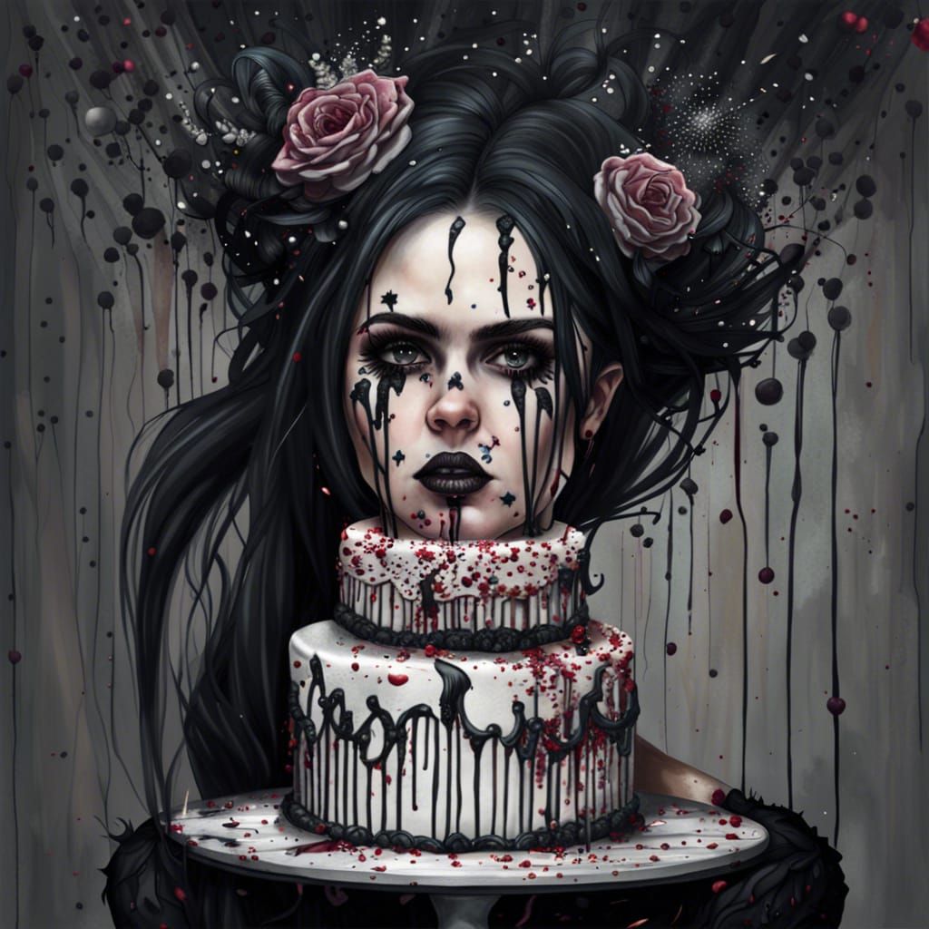 Gothic Woman Hugs Cake: Hyperrealistic Digital Painting