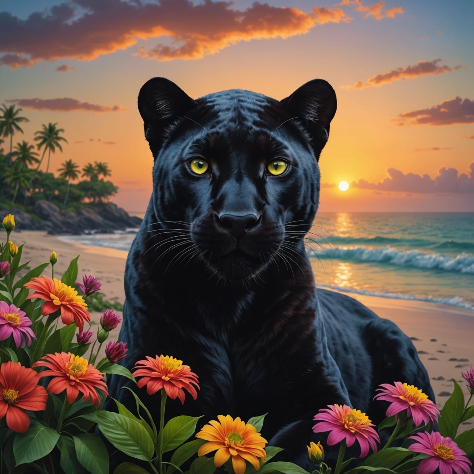 Hyper-Realistic Haitian Black Panther Portrait at Sunset