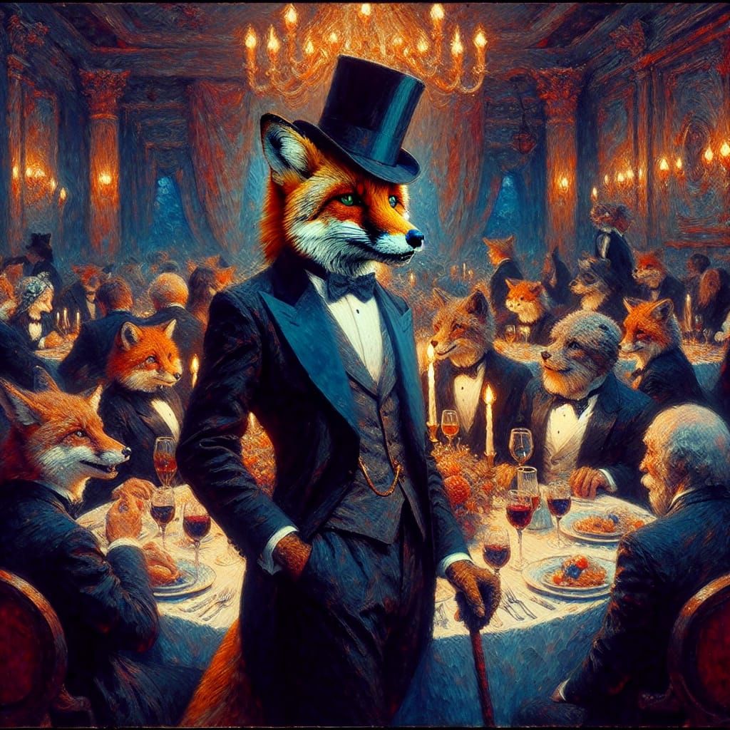 Stylish Fox in Tuxedo at Moody Fantasy Dinner Party