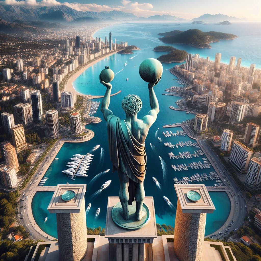 Coastal City Bird's Eye View with Bronze Statue