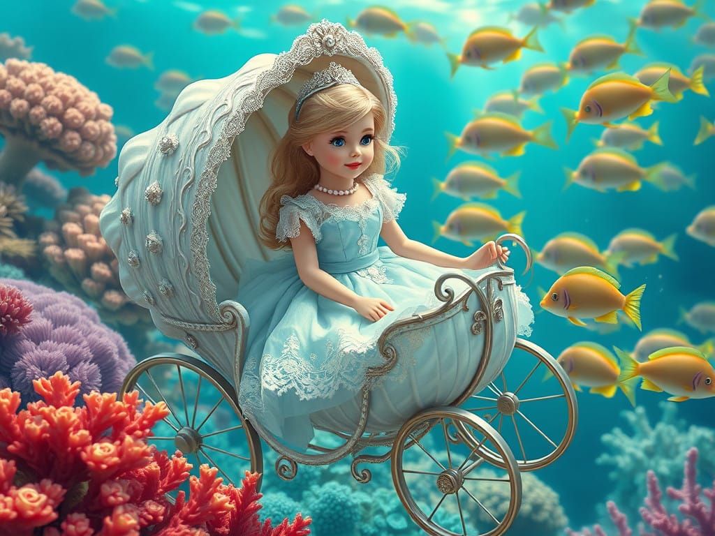 Victorian Barbie Rides Seashell Carriage, Digital Art
