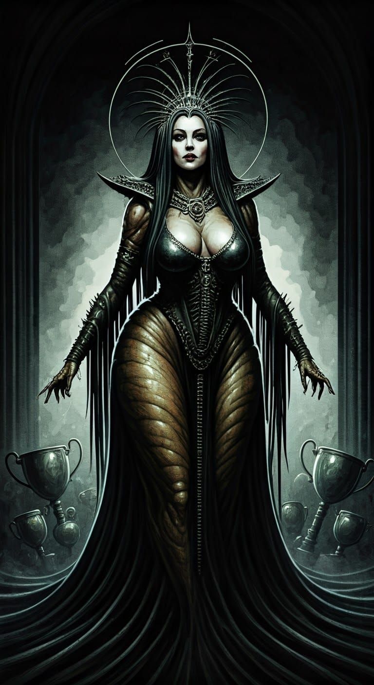 Dark Gothic Crocodile Woman Amidst Bloody Trophies in a Somb...