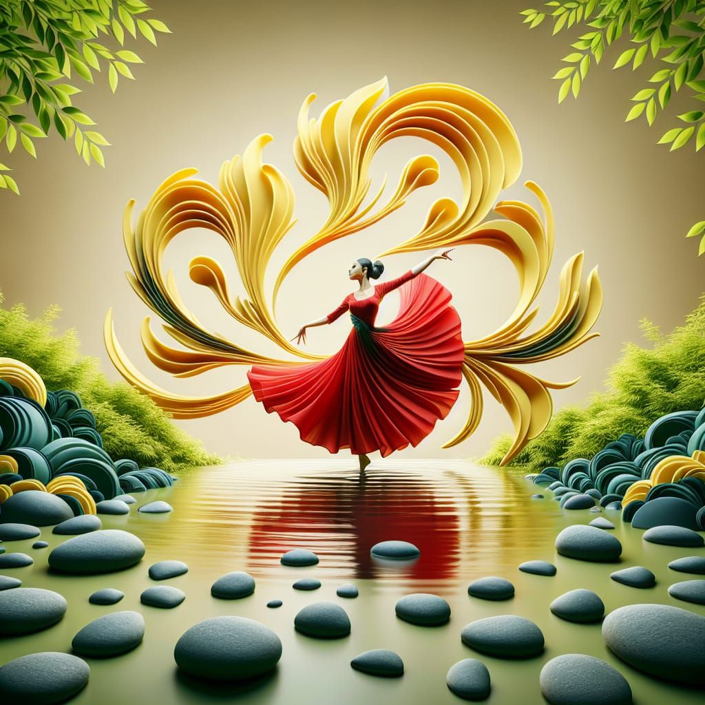 Elegant Dancer Spins on Water in Fantasy Garden
