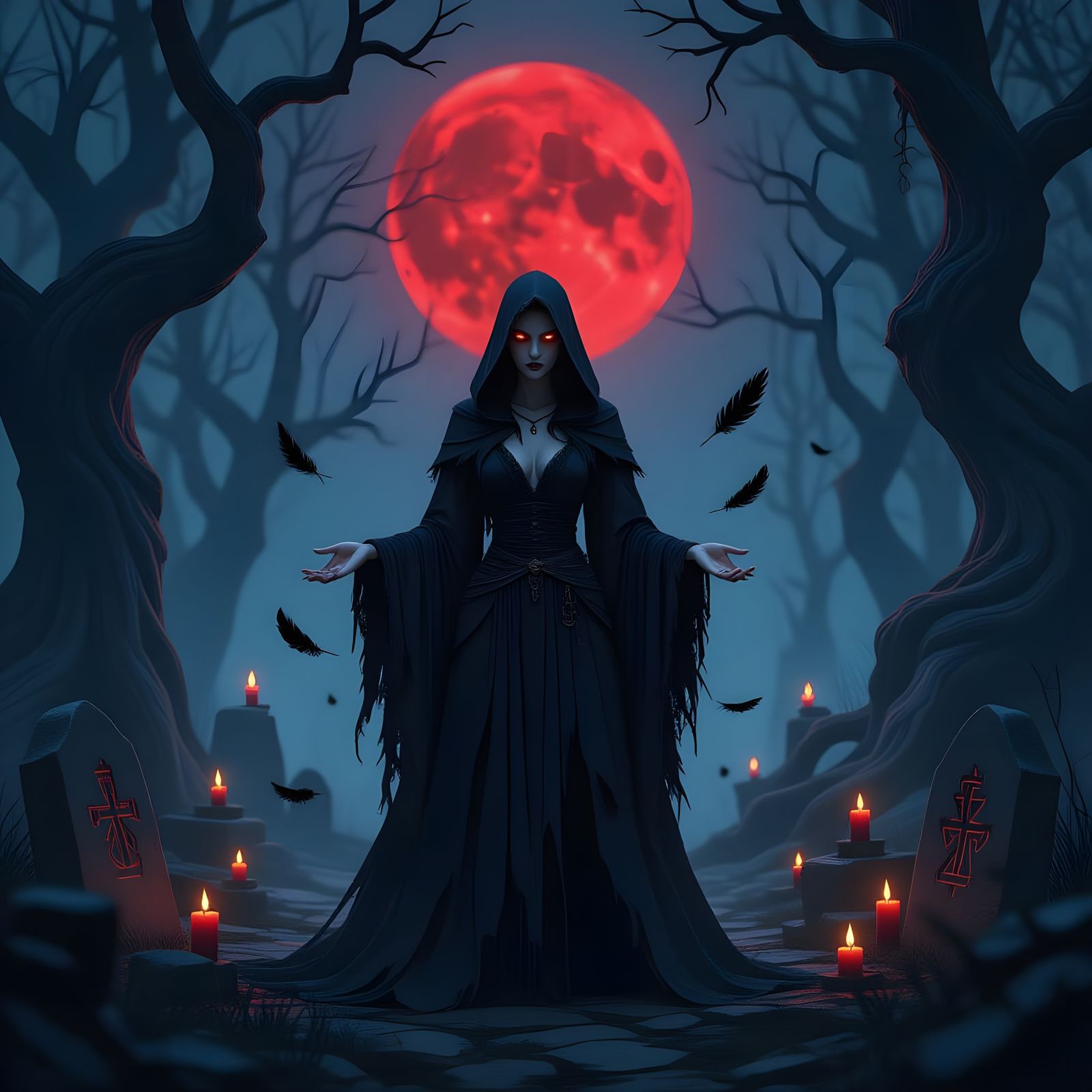 Gothic Witch in Misty Forest Under Blood Moon