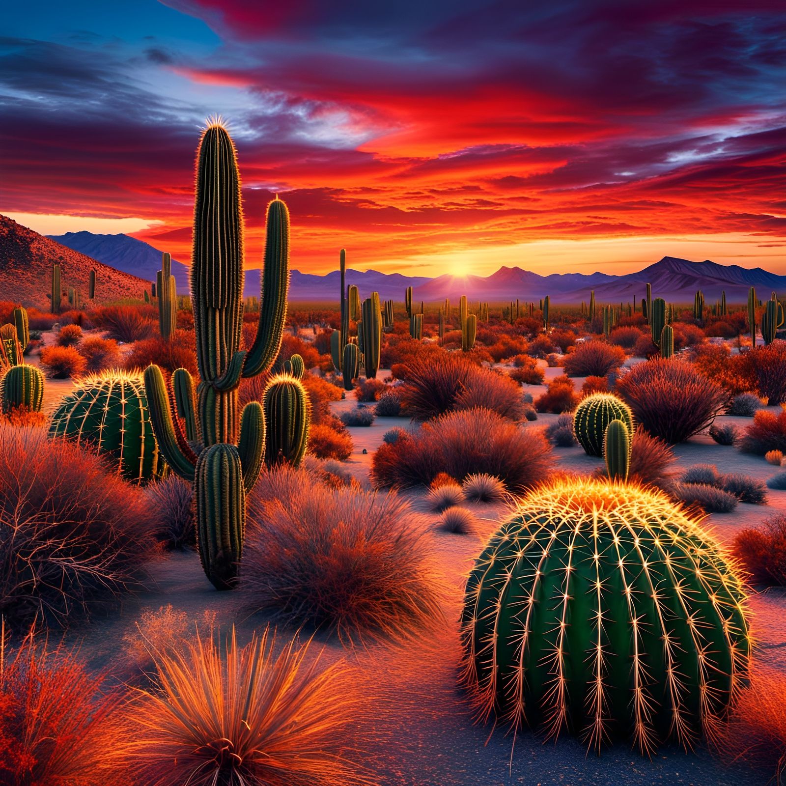 Vivid Desert Sunset with Cactus Trees