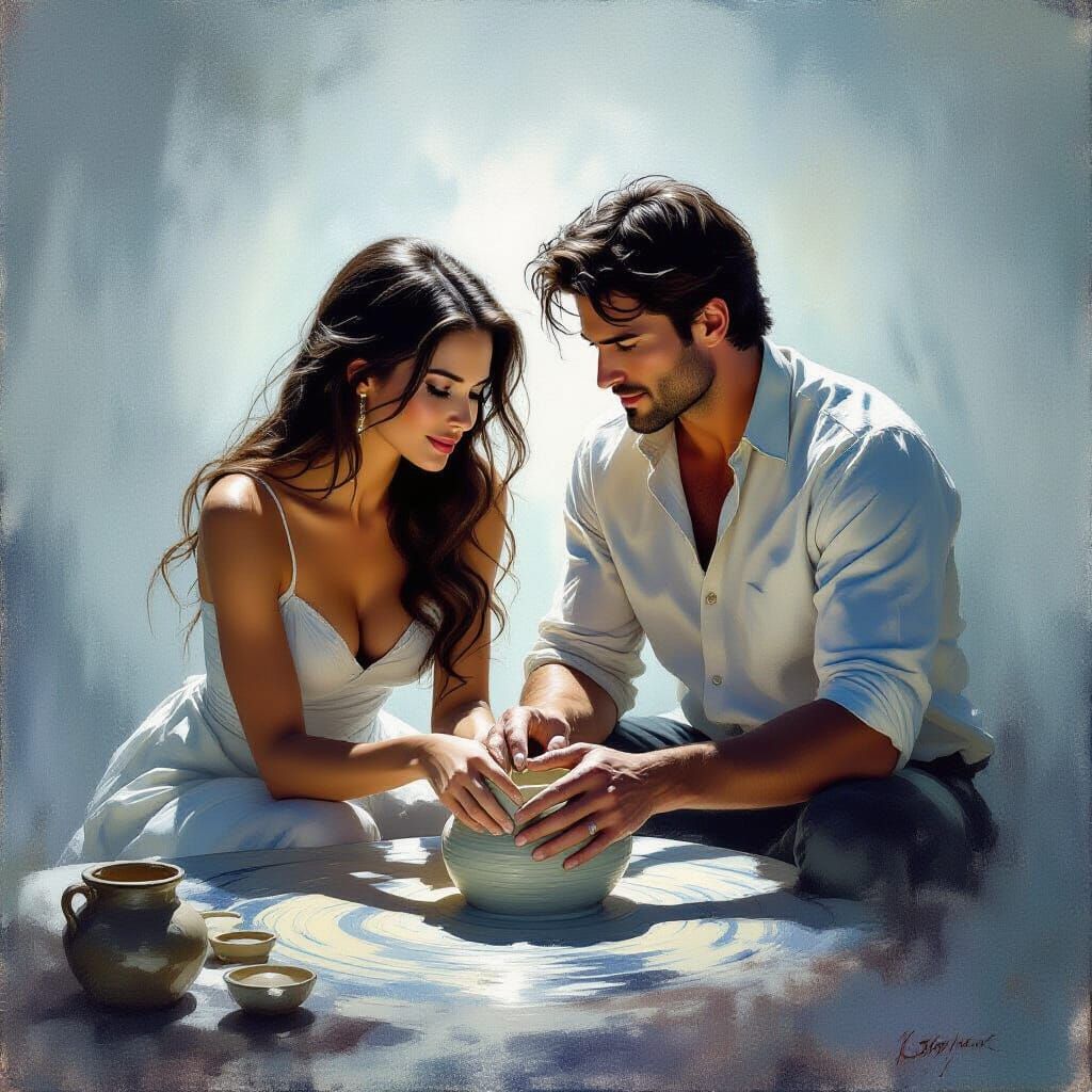 Ghostly Pottery Scene Reenactment in Oil Painting Style