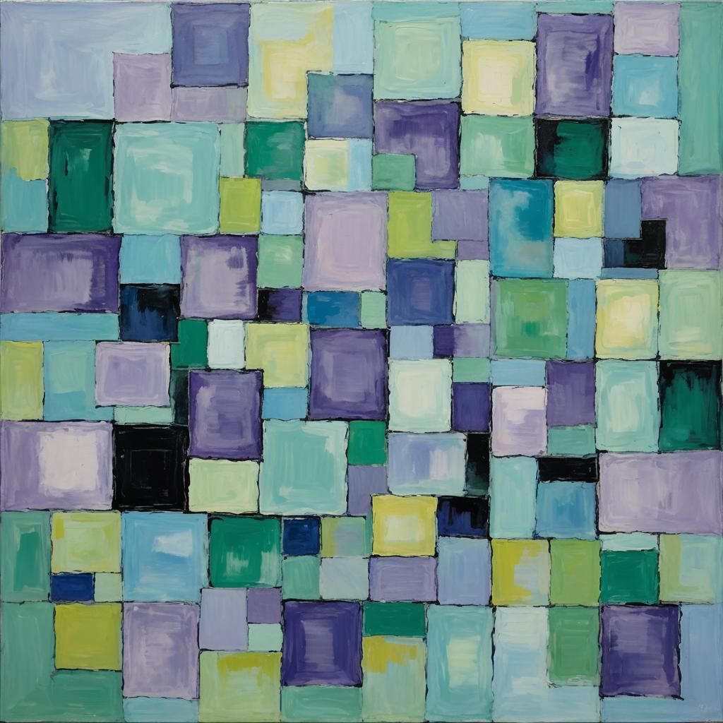Abstract Squares Pattern Oil Painting with Lavender Splatter