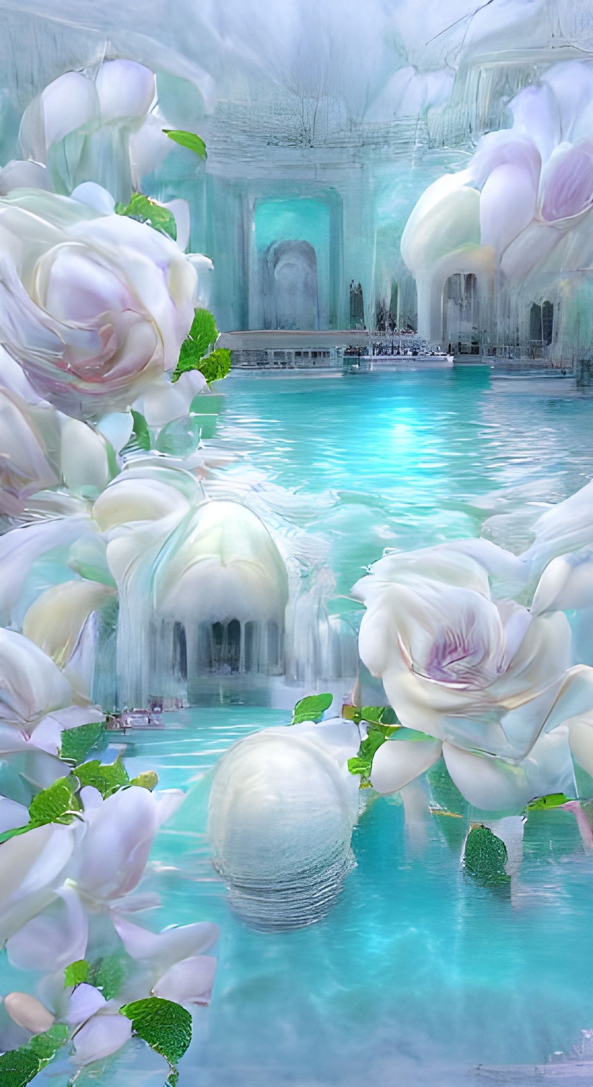 Ethereal White Rose Palace Pool in Pastel Fantasy