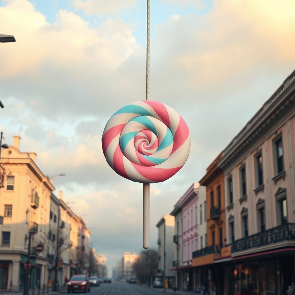 Giant Lollipop on City Street in Dreamlike Pop Art Style