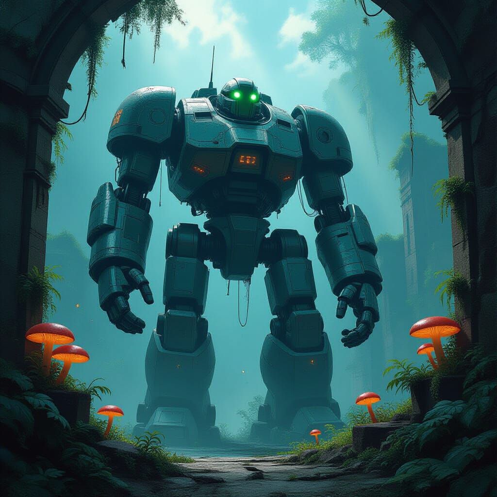 Ancient Robot Guards Bioluminescent City in Comic Art Style