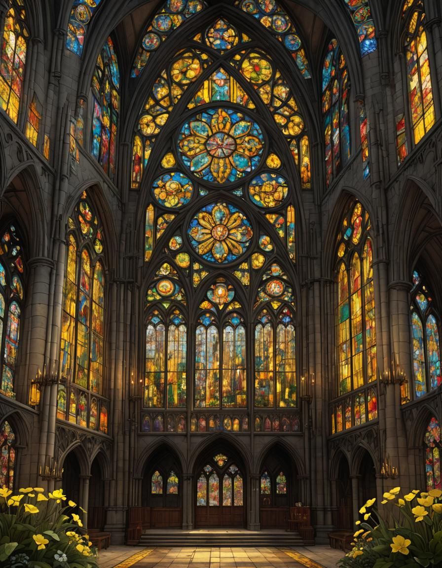 Stained Glass Cathedral with Primrose Flowers, Fantasy Art