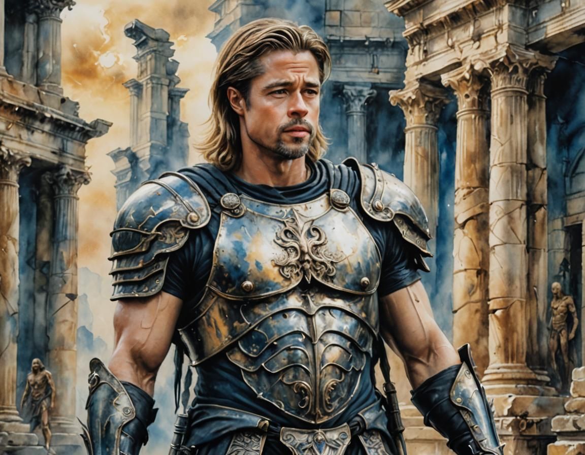 Brad Pitt as Greek Warrior in Watercolor Art