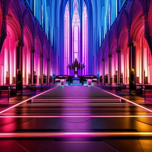 Neon Cathedral with Cross in Synthwave Style