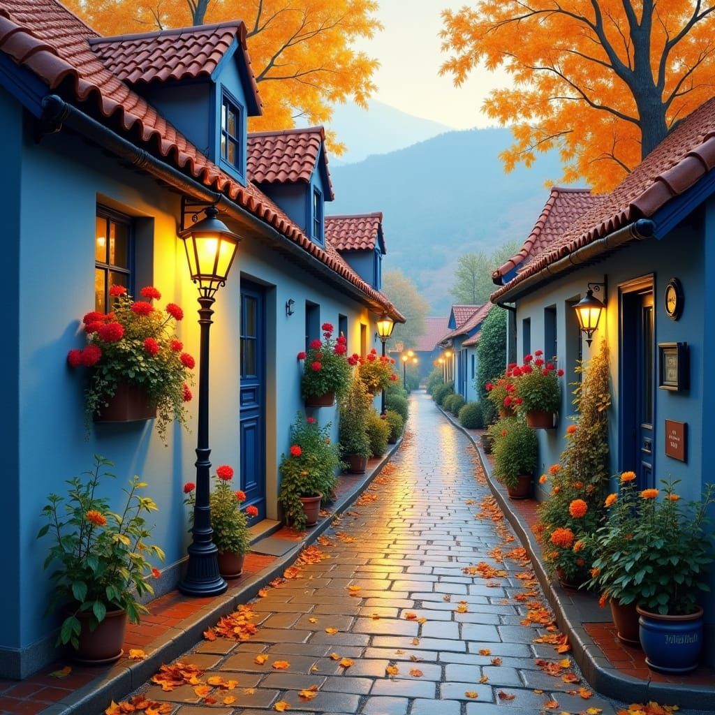 Charming Village Street in Impressionistic Autumn Colors